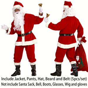 TEMU 성인용 레드 & 화이트 플러시 트림 플란넬 산타 코스튬 세트 5피스 - 수염 & 벨트 포함 (재킷/바지/모자) 남성용 크리스마스 의상, 크리스마스 파티 마스코트 캐릭터, 코스프레 - 원사이즈 (대부분 맞음)