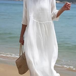 TEMU 여성용 A라인 미디 드레스 - 루즈핏 라운드넥 반팔 통기성 솔리드 컬러 캐주얼 휴가용 드레스, 봄 여름 가을 비치 아웃팅 & 레저 산책용 비치 드레스