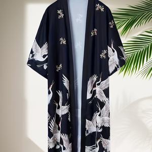 TEMU 남녀 공용 중국 스타일 긴 기모노 로브 - 가벼운 오픈 프론트 목욕 가운, 깊은 V넥, 전체 프린트, 레귤러 핏, 해변, 캐주얼 & 잠옷 - 남녀 공용 커플 기모노, 해변 커버업, 우아한 디자인, 신축성 없는 원단