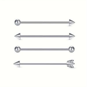 TEMU 4개 세트 스테인리스 스틸 화살 바벨 바디 피어싱 주얼리 세트, 우아한 클래식 스타일, 부드러운 조직 및 나선형 천공용 튼튼한 산업 패션 액세서리|피어싱
