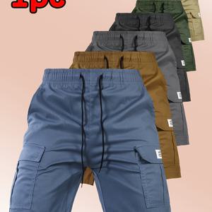 TEMU 1개 남성용 캐주얼 드로스트링 레터 패치 카고 반바지 (플랩 포켓 포함) | 신축성 없음, 단색, 레귤러 핏