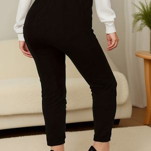 TEMU 여성용 플러스 사이즈 시크한 블랙 하이웨이스트 레깅스 - 신축성 있고 편안한 캐주얼 스타일, 세탁기 사용 가능, 사계절 내내 완벽, 플러스 사이즈 팬츠