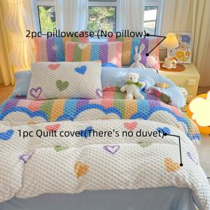 TEMU 베개 커버가 포함된 3pcs 침구 세트, 겨울 및 사계절용 토끼털 이불 커버, 토끼털 담요, 플러시 따뜻한 담요, 침실, 소파, 거실, 학교에 적합한 두꺼운 담요, 귀여운 무지개 하트 요소 특징