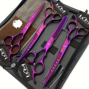 TEMU 4개의 전문가용 오른손잡이 개 미용 가위 세트, 스테인리스 스틸, , 숱 빼기 및 곡선 가위, 애완동물 털 다듬기용