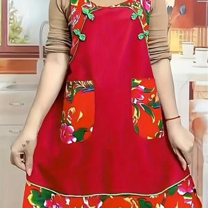 TEMU 시크한 플로랄 프린트 주방 앞치마, 양면 버클 - 빈티지 팜하우스 스타일, 폴리에스테르, 신축성 없음, 세탁기 사용 가능 - 가정 요리 및 레스토랑 사용에 완벽