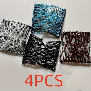 TEMU 4개입 WINGETOR 탄력 있는 비즈 매직 헤어 빗 - 스테인리스 스틸 무흔적 더블 콤 클립, 여성 & 소녀용 (블랙/블루/골드/화이트) - 일반 머리, 빈티지 헤어스타일 & 포니테일, 우아한 헤어 액세서리, 내구성 강한 헤어피스