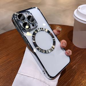 TEMU VRNOEI 럭셔리 도금 자석 폰 케이스 아이폰 15 14 11 Pro Max Plus 케이스 자석 무선 충전 투명 소프트 TPU 카메라 렌즈 보호 커버