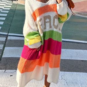 TEMU KAO 레터링 디자인 플러스 사이즈 컬러 블록 스웨터 드레스 - 긴 소매 라운드 넥 캐주얼 시크, 사계절용 세탁기 사용 가능 여성 스웨터, 통기성 원단, 트렌디한 의상