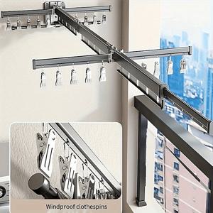 TEMU 알루미늄 접이식 옷걸이 건조대, 클립 포함, 방풍 실내/실외 옷걸이, 드릴 불필요 벽걸이, 공간 절약 디자인, 1팩, 빨래 집게