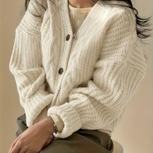 TEMU 빈티지 가디건 - 두꺼운 따뜻한 겨울 재킷, 솔리드 컬러 라운드넥 스웨터코트, 한국 스타일 가을 아우터웨어, 세탁기 사용 가능한 추운 날씨용 블라우스|가디건