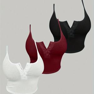 TEMU 3pcs 세트 여성용 니트 폴리에스터 탱크 탑 버튼 디테일, 캐주얼 솔리드 컬러 슬링백 캐미솔, 95% 폴리에스터 5% 엘라스탄, 올 시즌 스파게티 스트랩 탑
