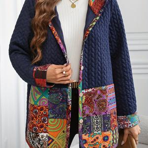 TEMU 여성용 캐주얼 패치워크 프린트 후드 재킷, 폴리에스테르 니트 원단 스판덱스, 긴 소매, 더블 브레스트 버튼 플래켓, 일반 길이, 봄/여름/가을용