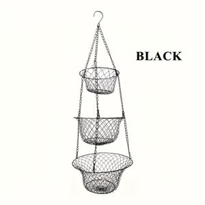 TEMU 헤비듀티 삼단 걸이 바구니 - 공간 절약형 접이식 정리함, 튼튼한 철제 구조, 모던 팜하우스 스타일 주방·거실·파티오용 과일·식료품·식물 보관함 - 쉬운 걸이 체인 포함, 내구성 강화 다층 정리대, 홈