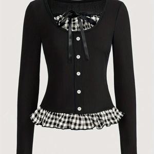 TEMU 여성용 우아한 체크무늬 대조 긴팔 티셔츠 - 신축성 있는 라운드 넥 탑, 프릴 커프스, 흑백 그리드 디자인, 기계 세탁 가능 가을 겨울 블라우스, 캐주얼 착용, 텍스처 니트웨어