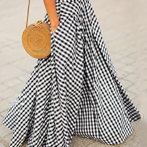 TEMU 여성용 우아한 깅엄 A라인 스커트 - 하이웨이스트, 부드러운 디자인, 흑백 체크무늬, 폴리에스터, 세탁기 사용 가능, 캐주얼 또는 드레시한 의상에 완벽, 미니 스커트