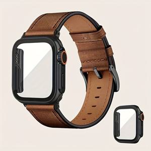 TEMU 애플워치 울트라/시리즈 10/9/8/7/6/4 케이스 호환 - 핸드메이드 빈티지 브라운 합성가죽 스마트워치 커버, 충격방지 스크래치방지 보호 케이스 (38mm/40mm/41mm/42mm/44mm/45mm/49mm)