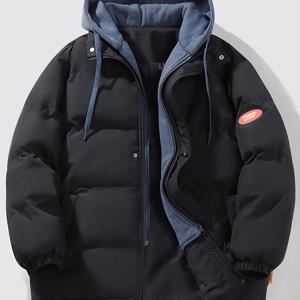 TEMU 남성 캐주얼 후드 재킷 - 오렌지 액센트가 있는 라이트 코트, 지퍼업, 긴소매, 드로스트링 후드, 가을/겨울에 적합, 겨울 재킷