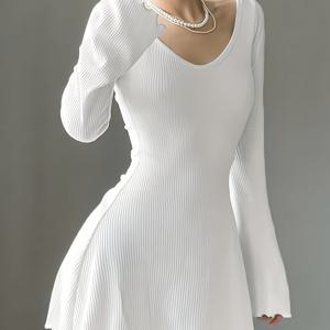 TEMU 크루넥 양상추 트림 드레스, 우아한 단색 심플한 드레스 봄 & 가을, 여성 의류