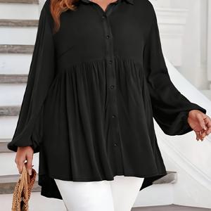 TEMU 플러스 사이즈 - 플러스 사이즈 - 플러스 사이즈 - 플러스 사이즈 - 플러스 사이즈 - 우아한 플러스 사이즈 여성 블라우스 - 긴소매, 버튼 앞면, 신축성 없는 원단, 단색, 루즈핏, 라운드넥
