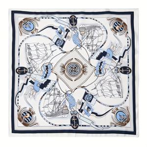 TEMU 1팩 여성용 빈티지 요트 프린트 스퀘어 스카프 - 부드러운 모조 새틴 밴다나, 가벼운 멀티유즈 넥스카프 & 헤어밴드, 캐주얼 아웃팅·해변·여행용 - 화이트 블루&골든 액센트, 세일보트 액세서리, 고급 디자인, 정교한 제작, 럭셔리 감성, 섬세한 소재, , 패션 애호가를 위한 우아한 샤울