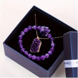 TEMU 2개의 팔찌 목걸이 세트: 8mm 천연 둥근 돌 비즈, 하트 차크라 팔찌 & 자수정 클러스터 펜던트 목걸이 여성용 - 주얼리 만들기 스타일