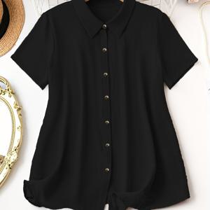 TEMU 플러스 사이즈 솔리드 버튼 프론트 셔츠, 봄 & 여름용 캐주얼 반소매 셔츠, 여성용 플러스 사이즈 의류