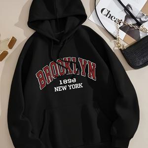 TEMU 편지 인쇄 캥거루 포켓 까마귀, 캐주얼 긴 소매 졸라매는 끈 후드 티셔츠, 여성 의류