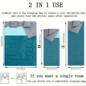TEMU 1개 더블 성인용 슬리핑백 + 베개 포함 - 두껍고 푹신한 XL 퀸 & 킹 사이즈. 사계절용 디자인으로 추운 날씨와 따뜻한 날씨 모두에 적합, 겨울철 보온 효과. 캠핑, 하이킹, , 재난 방지, 손님 접대에 이상적