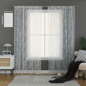 TEMU 2pcs 우아한 꽃무늬 레이스 시어 커튼 - 로드 포켓 디자인, 폴리에스터 원단, 조명 필터링, 기계 세탁 가능, 침실 및 거실 장식용 커튼, 거실용 커튼