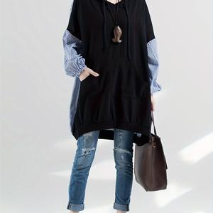 TEMU 여성용 한국-일본 스타일 후드 긴팔 탑 - 루즈핏 커프스와 허리 포켓, 블랙 & 블루 트림, 통기성 없는 원단 봄/가을/여름 캐주얼웨어, 가을 패션 필수품