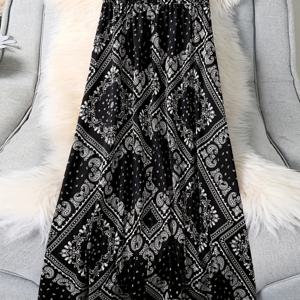 TEMU 우아한 여성용 블랙 페이즐리 프린트 맥시 스커트 - 가벼운 폴리에스터, 신축성 있는 허리밴드, 세탁기 사용 가능 - 봄/여름/가을 캐주얼 착용에 이상적