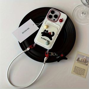 TEMU 3D 비즈 무지개 콩 검은 고양이 카드 케이스와 동일한 검은 고양이 폰 스트랩 아이폰 11 12 13 14 15 프로 맥스용 폰 케이스