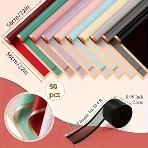 TEMU 50/100개입, 10색 혼합, 금색 테두리 꽃 포장지, 로즈 한국 스타일 메시 반투명 선물 포장, 꽃다발 포장 재료, 포장지, 꽃다발 용품, 선물 포장지