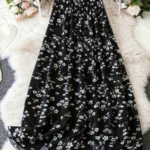 TEMU 우아한 여성용 플로랄 맥시 스커트 - 봄/여름 휴가 스타일, 가벼운 폴리에스터 소재와 신축성 있는 허리밴드, 세탁기 사용 가능, 핑크색에 파란색과 흰색 꽃무늬