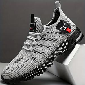 TEMU 남성용 통기성 있는 니트 러닝화 - 편안하고 미끄럼 방지인 레이스업 스니커즈, 에어 쿠션 밑창으로 야외 활동에 적합, 블랙 & 레드 액센트, 캐주얼 신발|남성용 트렌디 신발|편안한 착용