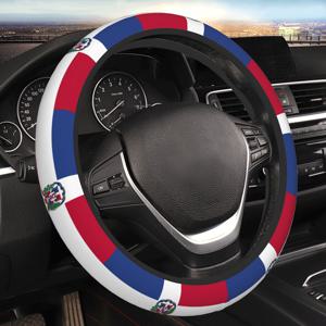 TEMU 도미니카 공화국 국기 영감 탄성 스티어링 휠 커버 - 15인치 미끄럼 방지, 통기성 폴리에스터, 대부분의 차량에 쉬운 설치