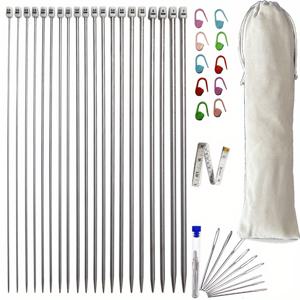 TEMU 스테인리스 스틸로 만든 1세트 20개, 10쌍의 잠금 스티치 마커, 큰 눈 바늘, 측정 테이프가 포함된 니들 세트 - 크기 2mm(B)에서 7mm(L)까지의 직선 단일 포인트 스웨터 바늘 - 길이 9.8인치|줄자