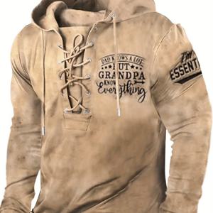 TEMU 남성용 베이지 3D 할아버지 & 손자 빈티지 프린트 후드 스웨트셔츠 - 가족 유대감 슬로건이 있는 헤비듀티 캐주얼 풀오버, 세탁기 사용 가능한 긴팔 스웨터, 봄/가을 선물