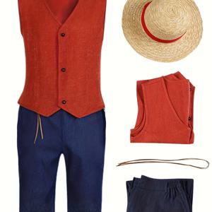 TEMU 남성용 애니메이션 캐릭터 코스프레 의상 세트 – 할로윈 조끼 유니폼 – 코믹콘, 테마 파티, 카니발용 – 밀짚 모자, 조끼, 허리 끈, 바지 포함