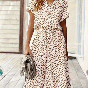 TEMU 여성용 우아한 기하학 프린트 A라인 드레스, 만다린 칼라 & 앞쪽 리본 디테일 - 가볍고 통기성 좋은 여름용 드레스, 캐주얼 또는 정장용, 장식 버튼 액센트, 패턴 원단