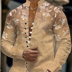 TEMU 남성용 3D 프린팅 만다린 칼라 셔츠 - 베이지 & 브라운 반팔 버튼업, 사계절 캐주얼 & 포멀 웨어, 세탁기 사용 가능 논스트레치 스탠드 칼라 상의, 비즈니스, 웨딩, 야외 행사용 (재봉 불필요)