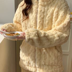 TEMU 겨울 두꺼운 편안한 플러시 파자마 세트, 부드러운 양털 긴 소매 지퍼 후드, 신축성 있는 허리밴드 바지, 따뜻하고 편안한 여성용 파자마