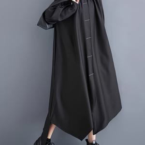 TEMU 여성용 슬리밍 블랙 맥시 드레스, 인형 칼라와 단추 디테일 - 긴 소매, 비대칭 밑단, 폴리에스터, 캐주얼 가을/겨울 스타일, 긴 소매 드레스