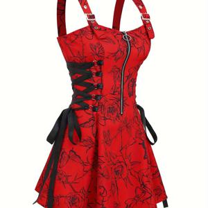 TEMU 여성용 플로럴 프린트 지퍼 드레스, 스트랩리스 넥라인과 러치 디테일 - 캐주얼 올시즌 슬립 드레스, 성인용 플로럴 드레스 | 러치 디테일 드레스 | 지퍼 클로저 드레스