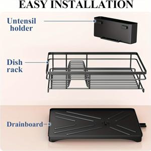 TEMU 주방용 대형 식기 건조대 - 배수판 포함, 녹슬지 않는 식기 건조대, 싱크대용 식기 보관함, 접시, 그릇, 머그컵, 포크, 젓가락, 숟가락 등 주방용품 정리용 주방 액세서리|식기건조대|사각싱크볼|식기건조기