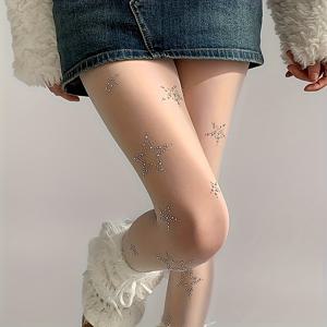 TEMU 라인스톤 스타 타이츠 - 반짝이는 고딕 카와이 Y2K 블랙 팬티스타킹, 올오버 쉬머, 사계절 착용, 손세탁/드라이클리닝, 청소년용 라인스톤 접착 타이츠