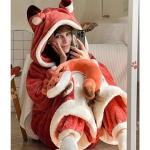 TEMU 1pc Fox 테마 의류 담요 Coral Fleece 후드 의류 홈웨어 따뜻하고 편안한 올 시즌 유니버설