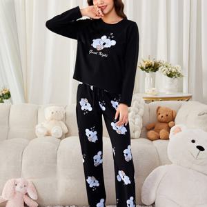 TEMU 소녀 및 청소년을 위한 가을 1세트/2피스 세트, 새로운 가을 순수 블랙 긴팔 + 코알라 바지 우아한 파자마 세트, 대형 사이즈 루즈 코알라 파자마 세트, 소녀 및 청소년을 위한 심플한 캐주얼 스포츠 파자마 세트, 부드럽고 편안한 인스 스타일의 따뜻한 파자마 세트