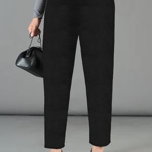 TEMU 여성용 플러스 사이즈 스트레치 직선형 바지 - 우아한 단색 미드-스트레치 봄/가을용 트라우저, 손세탁 전용, 편안한 사무실 및 캐주얼 착용, 중간 탄력