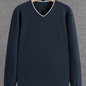 TEMU 남성용 슬림핏 V넥 컬러블록 니트 스웨터 - 레드 & 화이트 트림, 캐주얼 및 오피스웨어용 기계 세탁 가능 겨울 풀오버, 대학 스타일, 중간 신축성